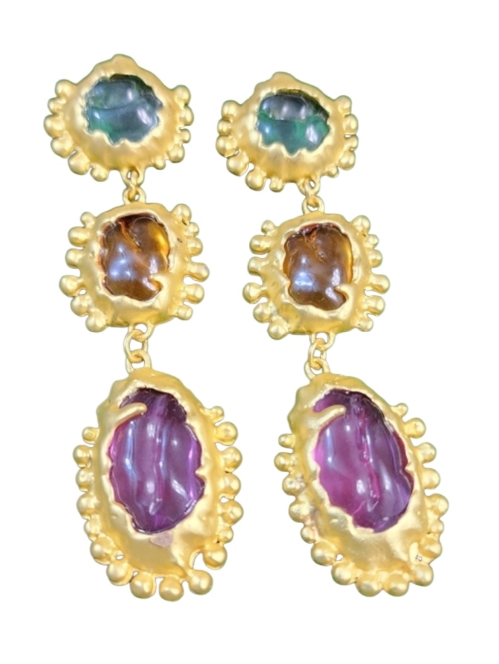 SHYMI Statement Drop Earrings Gold Tone Multicolor Glass Cabochon Bold Runway